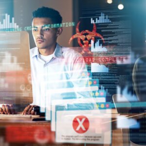 Future cybersecurity, computer cyber attack and man with bank credit breach, malware problem or ransomware. Password phishing overlay, software glitch or night businessman with fintech database virus Future cybersecurity, computer cyber attack and man with bank credit breach, malware problem or ransomware. Password phishing overlay, software glitch or night businessman with fintech database virus