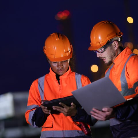 Male and female engineers in orange safety uniforms work together at night ship at the refinery plant Male and female engineers in orange safety uniforms work together at night ship at the refinery plant