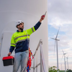 Engineer wearing uniform hold equipment box inspection work in wind turbine farms rotation to generate electricity energy. Engineer wearing uniform hold equipment box inspection work in wind turbine farms rotation to generate electricity energy.