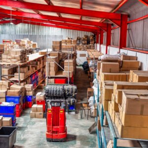 huge warehouse with carton card and plastic crates boxes in shelfs, high point of view huge warehouse with carton card and plastic crates boxes in shelfs, high point of view