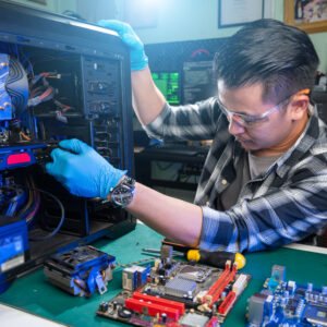 The technician repairing the computer. the concept of computer, CPU, motherboard, hardware, repairing, upgrade and technology. The technician repairing the computer. the concept of computer, CPU, motherboard, hardware, repairing, upgrade and technology.